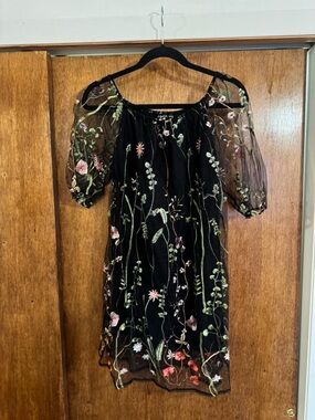 Black Floral Embroidered Mini Dress with Sheer Puff Sleeves